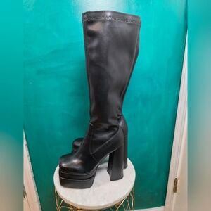 Wetkiss Platform Knee High Stretch Boots | Black | Size 9